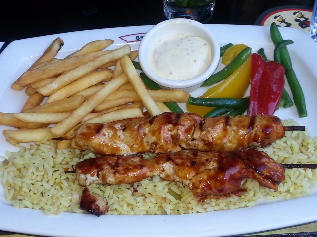 Chicken Brochette with Fries, Veggies and Rice!